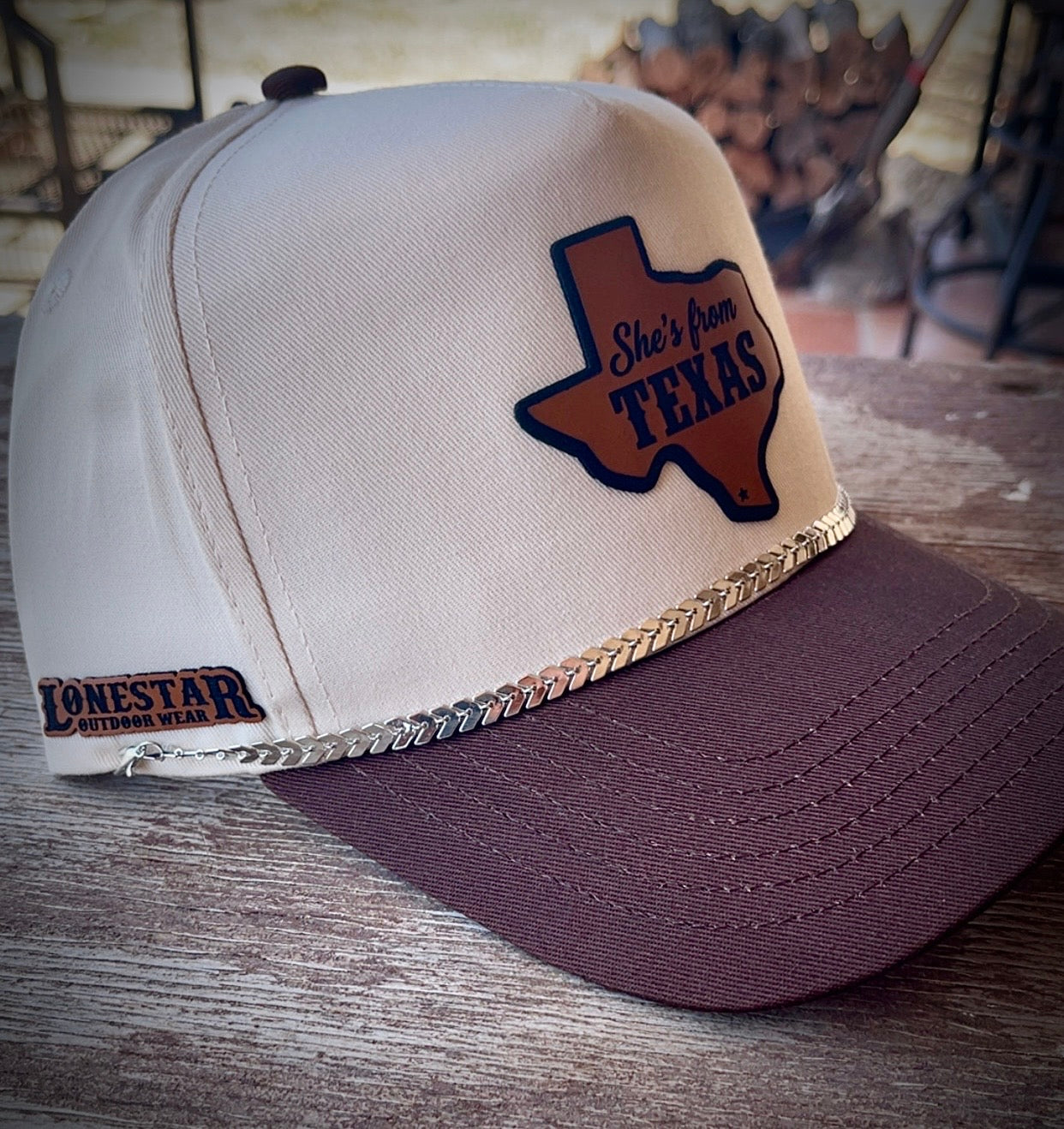 Brown/Cream-She's from Texas TX Map with Cap Chain (mystery cap chain)