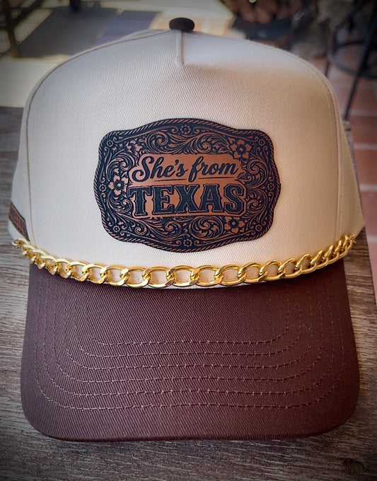 Brown/Cream-She's from Texas smooth buckle with Cap Chain (mystery cap chain)