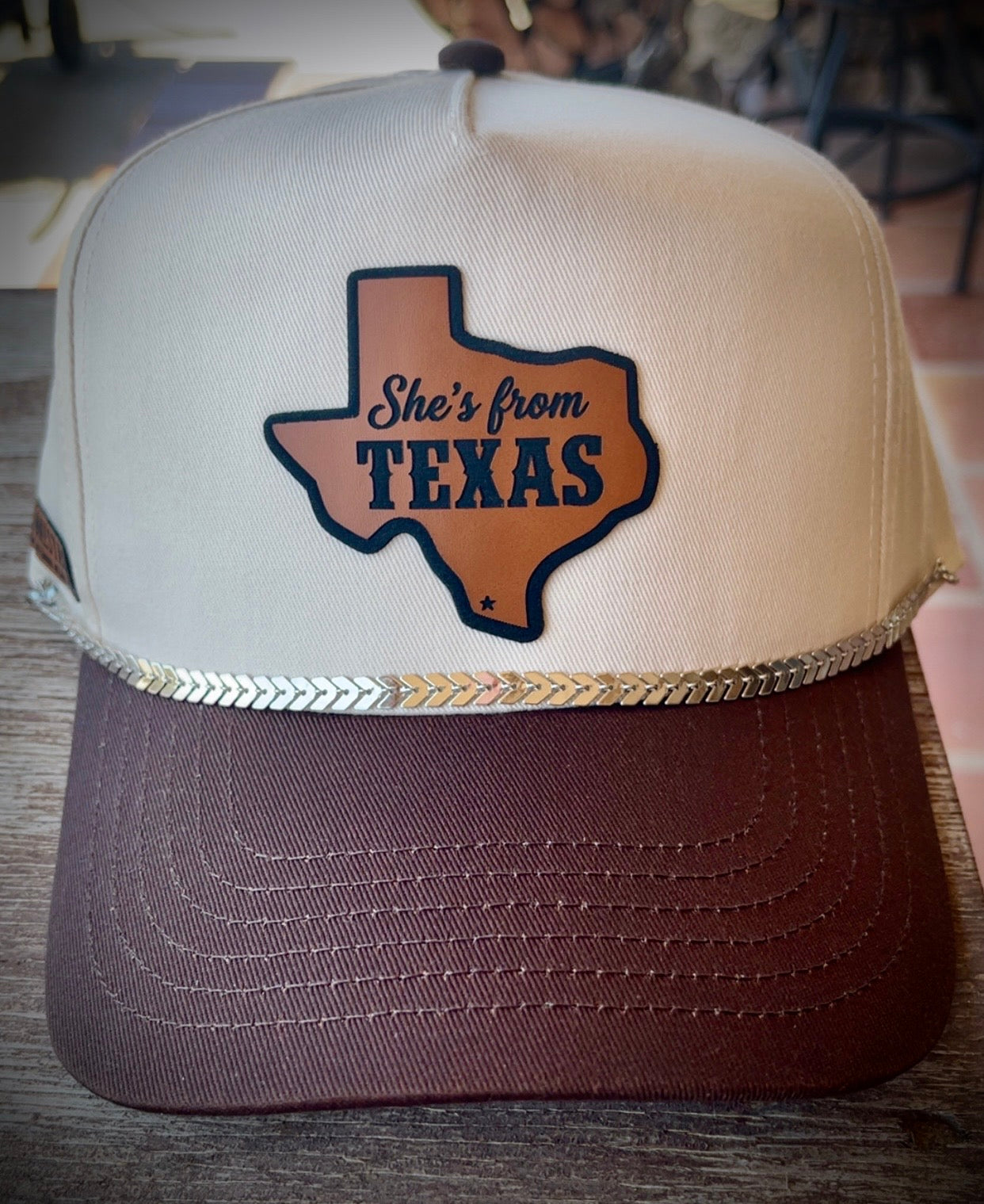 Brown/Cream-She's from Texas TX Map with Cap Chain (mystery cap chain)