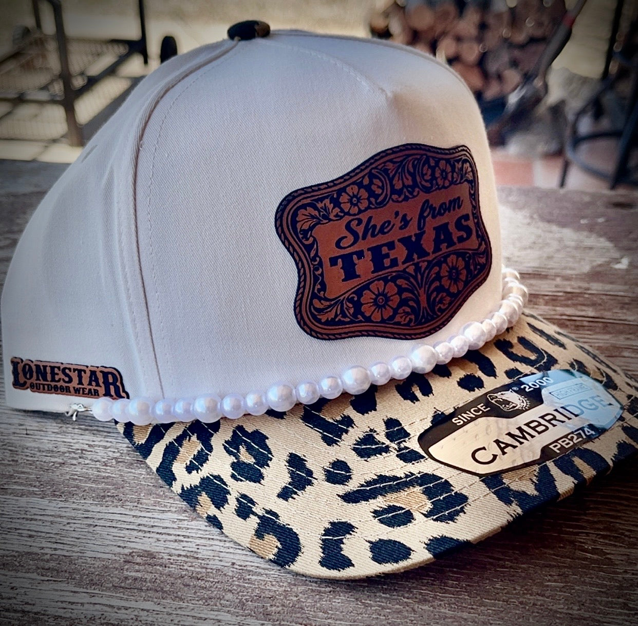 Leopard Brim/Cream-She's from Texas smooth buckle with Cap Chain (mystery cap chain)